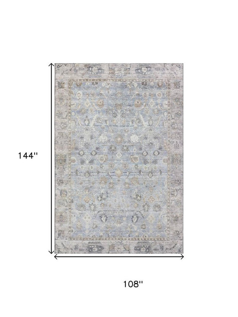 9' X 12' Sky Blue And Ivory Oriental Washable Area Rug With UV Protection