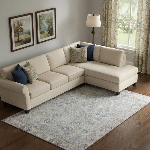 9' X 12' Sky Blue And Ivory Oriental Washable Area Rug With UV Protection