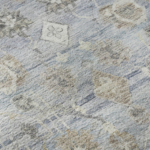 9' X 12' Sky Blue And Ivory Oriental Washable Area Rug With UV Protection