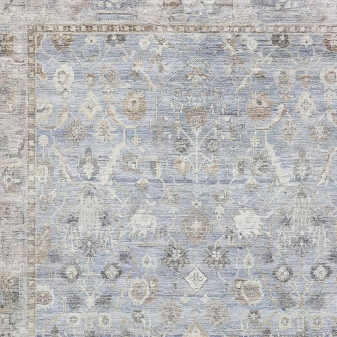9' X 12' Sky Blue And Ivory Oriental Washable Area Rug With UV Protection