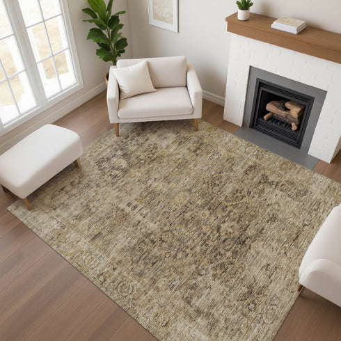 9' X 12' Brown And Beige Oriental Washable Area Rug With UV Protection