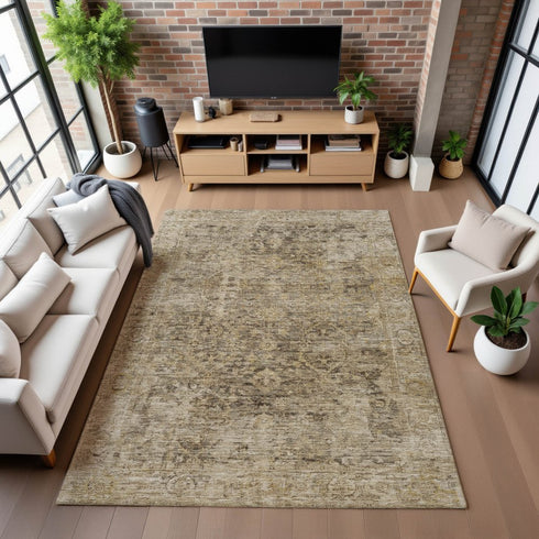9' X 12' Brown And Beige Oriental Washable Area Rug With UV Protection
