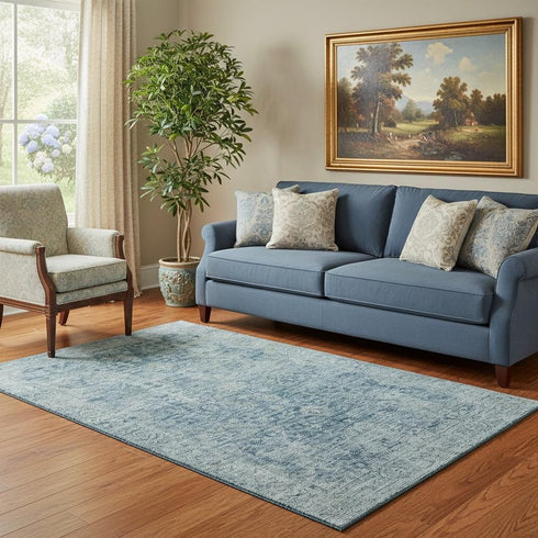 5' X 8' Blue And Gray Oriental Washable Area Rug With UV Protection