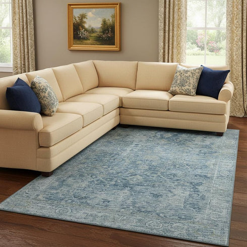 8' X 10' Blue And Gray Oriental Washable Area Rug With UV Protection