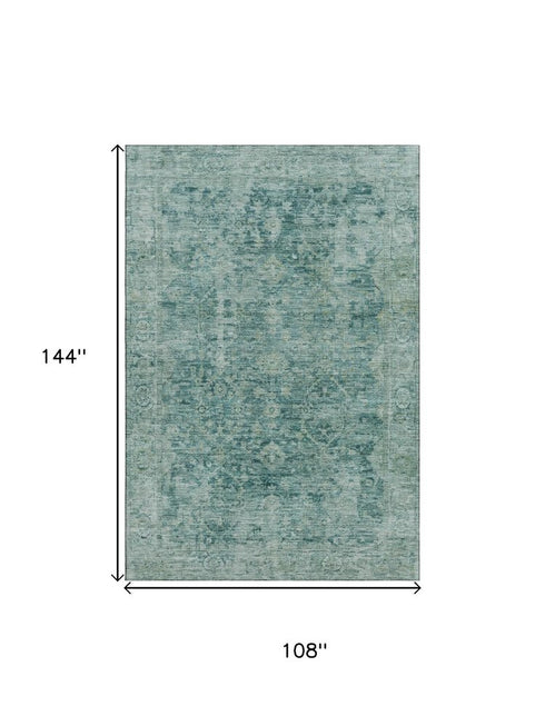 9' X 12' Teal And Beige Oriental Washable Area Rug With UV Protection