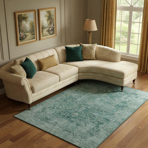 9' X 12' Teal And Beige Oriental Washable Area Rug With UV Protection