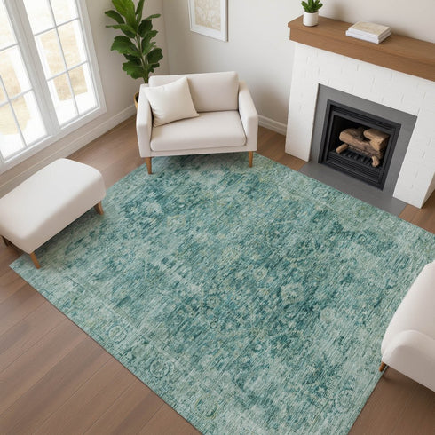 9' X 12' Teal And Beige Oriental Washable Area Rug With UV Protection
