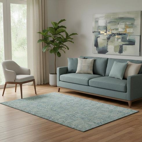 5' X 8' Blue And Ivory Oriental Washable Area Rug With UV Protection