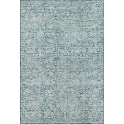 5' X 8' Blue And Ivory Oriental Washable Area Rug With UV Protection