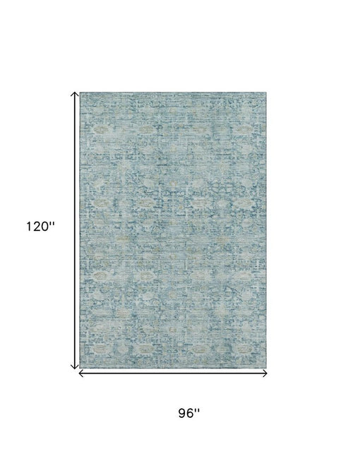 8' X 10' Blue And Ivory Oriental Washable Area Rug With UV Protection