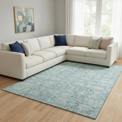 8' X 10' Blue And Ivory Oriental Washable Area Rug With UV Protection