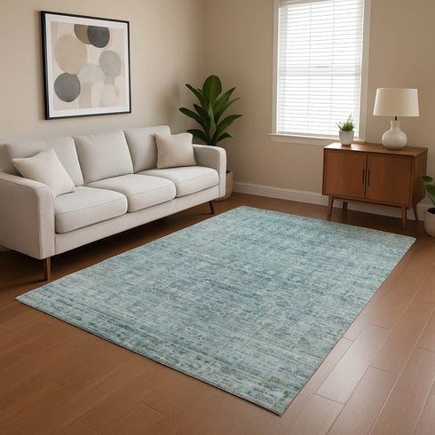 8' X 10' Sky Blue And Denim Blue Oriental Washable Area Rug With UV Protection
