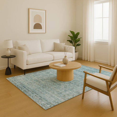9' X 12' Sky Blue And Denim Blue Oriental Washable Area Rug With UV Protection