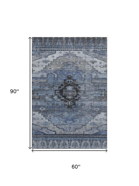 5' X 8' Blue Gray And Charcoal Oriental Washable Area Rug With UV Protection