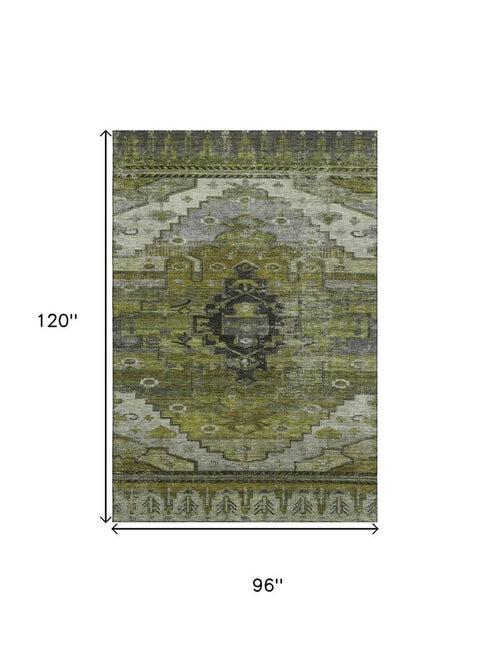 8' X 10' Olive Green Gray And Ivory Oriental Washable Area Rug With UV Protection