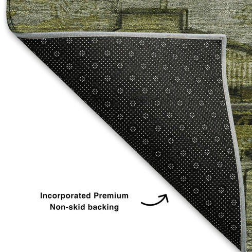 8' X 10' Olive Green Gray And Ivory Oriental Washable Area Rug With UV Protection