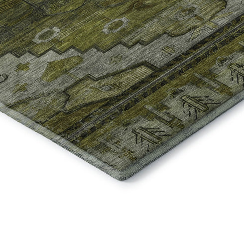 8' X 10' Olive Green Gray And Ivory Oriental Washable Area Rug With UV Protection