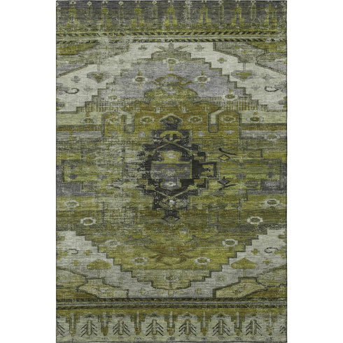 8' X 10' Olive Green Gray And Ivory Oriental Washable Area Rug With UV Protection