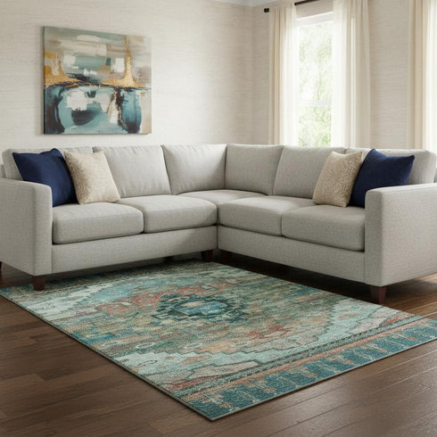 8' X 10' Teal Copper And Gold Oriental Washable Area Rug With UV Protection