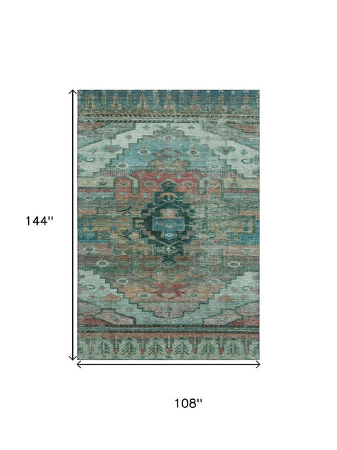 9' X 12' Teal Copper And Gold Oriental Washable Area Rug With UV Protection