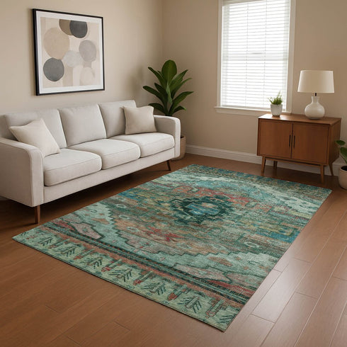 9' X 12' Teal Copper And Gold Oriental Washable Area Rug With UV Protection