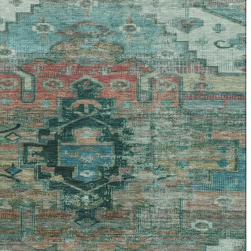 9' X 12' Teal Copper And Gold Oriental Washable Area Rug With UV Protection