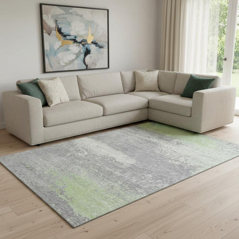 8' X 10' Artichoke Green Gray And Silver Abstract Washable Area Rug With UV Protection