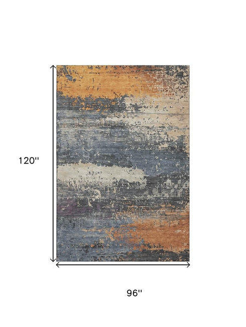 8' X 10' Blue Orange And Ivory Abstract Washable Area Rug With UV Protection