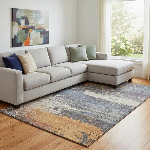 8' X 10' Blue Orange And Ivory Abstract Washable Area Rug With UV Protection