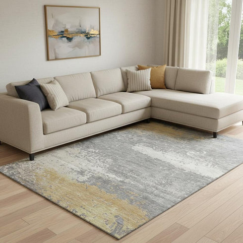 8' X 10' Gold Gray And Ivory Abstract Washable Area Rug With UV Protection