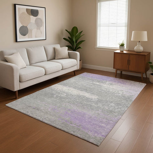 8' X 10' Lavender And Ivory Abstract Washable Area Rug With UV Protection