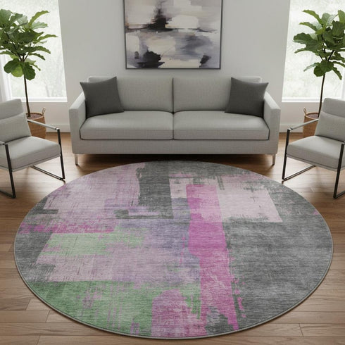 8' Blush And Gray Abstract Washable Round Rug With UV Protection