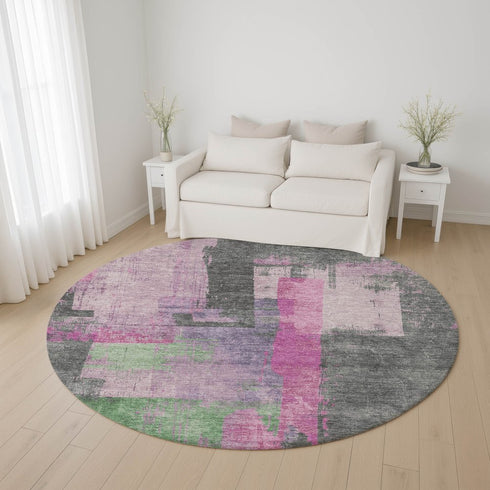 8' Blush And Gray Abstract Washable Round Rug With UV Protection