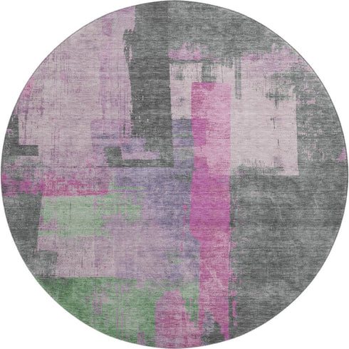 8' Blush And Gray Abstract Washable Round Rug With UV Protection