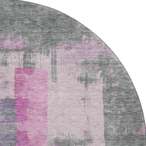 8' Blush And Gray Abstract Washable Round Rug With UV Protection