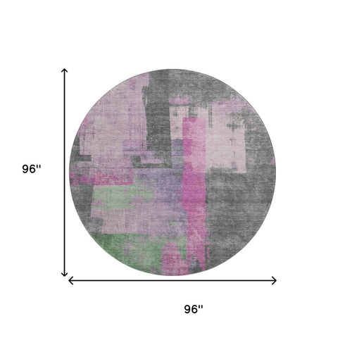 8' Blush And Gray Abstract Washable Round Rug With UV Protection
