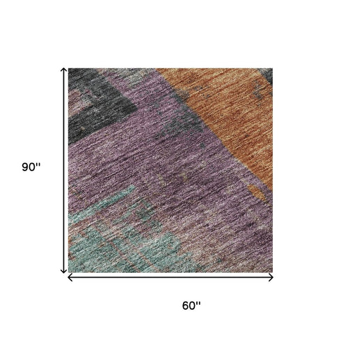5' X 8' Charcoal Orange And Purple Abstract Washable Area Rug With UV Protection
