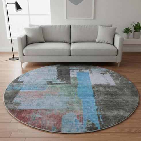 8' Sky Blue Gray And Silver Abstract Washable Round Rug With UV Protection
