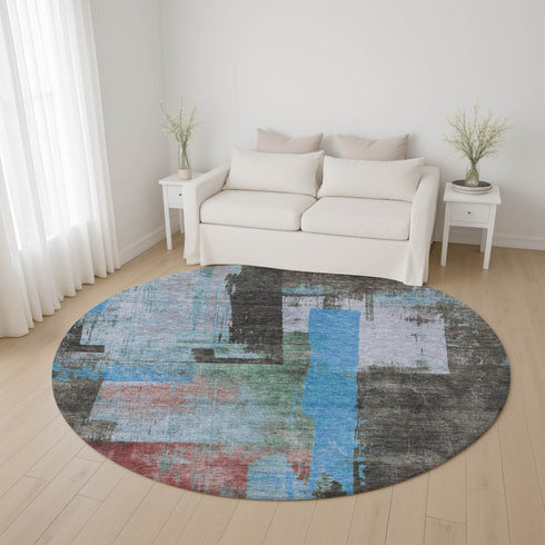 8' Sky Blue Gray And Silver Abstract Washable Round Rug With UV Protection