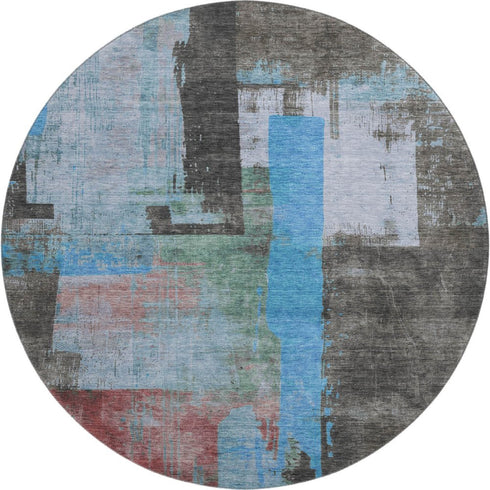 8' Sky Blue Gray And Silver Abstract Washable Round Rug With UV Protection