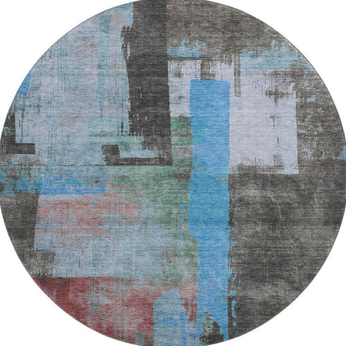 8' Sky Blue Gray And Silver Abstract Washable Round Rug With UV Protection