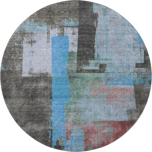 8' Sky Blue Gray And Silver Abstract Washable Round Rug With UV Protection