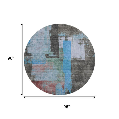 8' Sky Blue Gray And Silver Abstract Washable Round Rug With UV Protection
