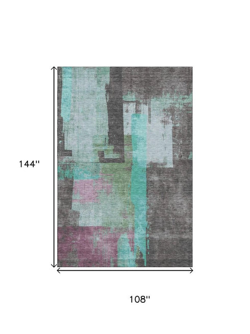 9' X 12' Teal Gray And Silver Abstract Washable Area Rug With UV Protection