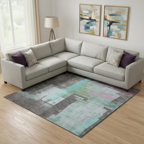 9' X 12' Teal Gray And Silver Abstract Washable Area Rug With UV Protection
