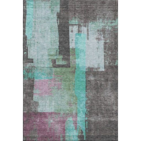 9' X 12' Teal Gray And Silver Abstract Washable Area Rug With UV Protection