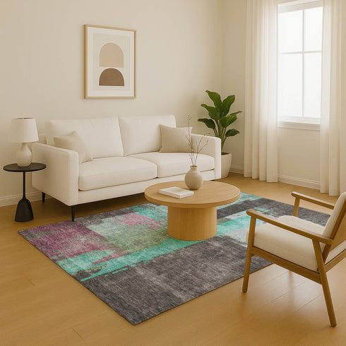 9' X 12' Teal Gray And Silver Abstract Washable Area Rug With UV Protection
