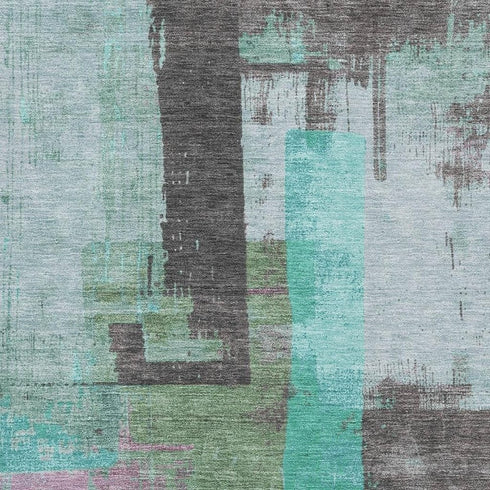 9' X 12' Teal Gray And Silver Abstract Washable Area Rug With UV Protection