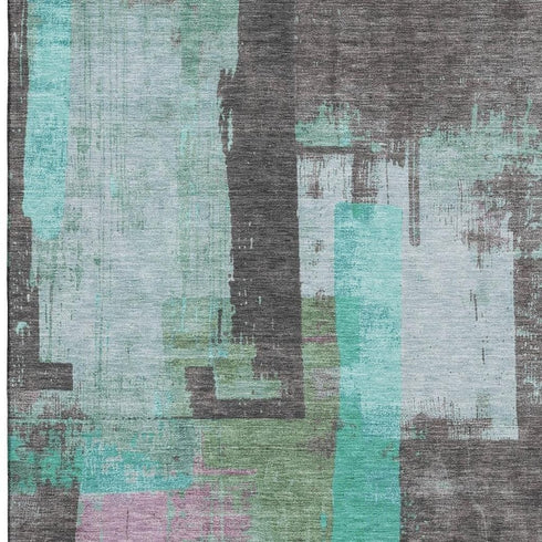 9' X 12' Teal Gray And Silver Abstract Washable Area Rug With UV Protection