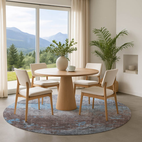 8' Sky Blue Gray And Silver Abstract Washable Round Rug With UV Protection